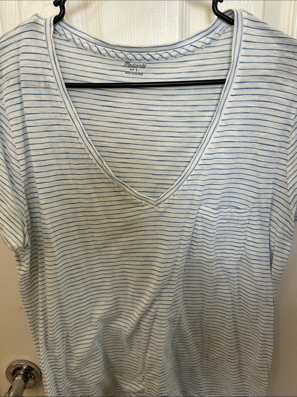 Madewell White and Light Blue Striped V-Neck Sleep Tee